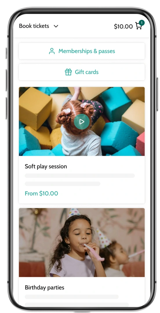 Beyonk's Soft play booking system on mobile. Memberships, gift cards and sessions can be bought here.